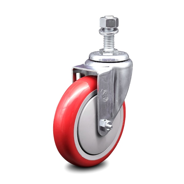 5 Inch Red Polyurethane Wheel Swivel 12mm Threaded Stem Caster SCC